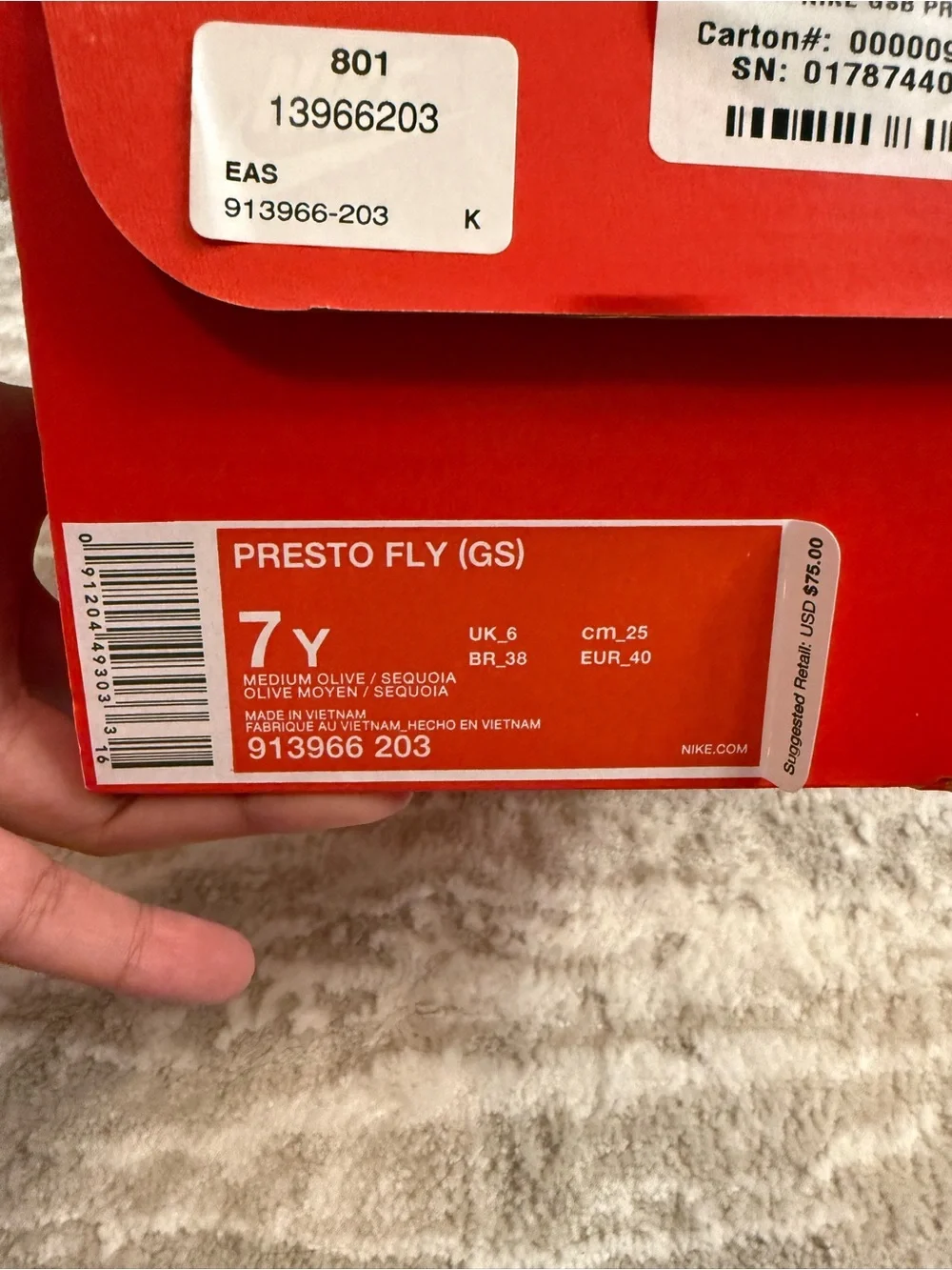 Nike Olive Green Presto Fly GS Sneakers with Orange Accents size 7Y